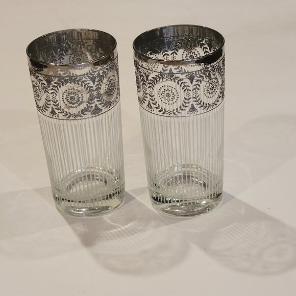 Set Of 2 Vintage Culver Tyrol Silver Highball Glasses Vertical Stripes - Picture 1 of 8